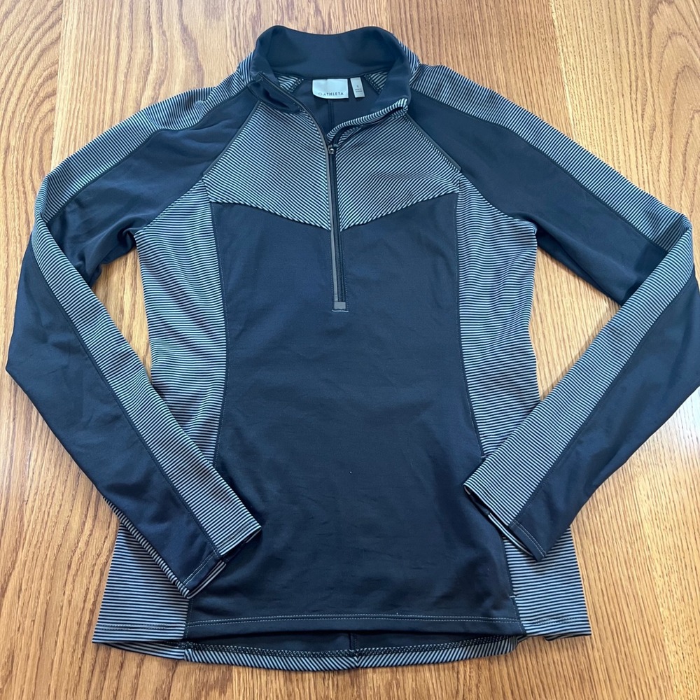 ATHLETA Women's S Black Gray‎ Stripe 1/4 Zip Pullover Top Jacket Run Gym A5